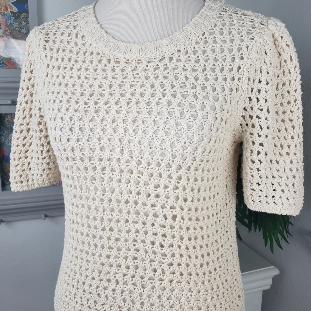 Joie Cream Open Weave Mesh Puffy Sleeves Fairycore Coquette sz Small